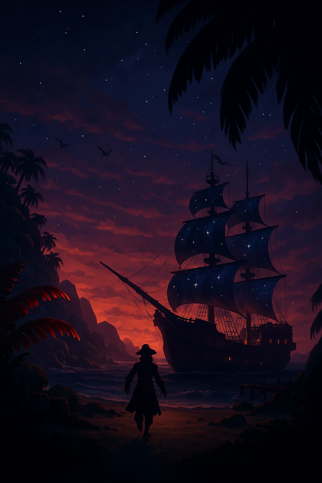 Pirate ship at twilight with starry sky