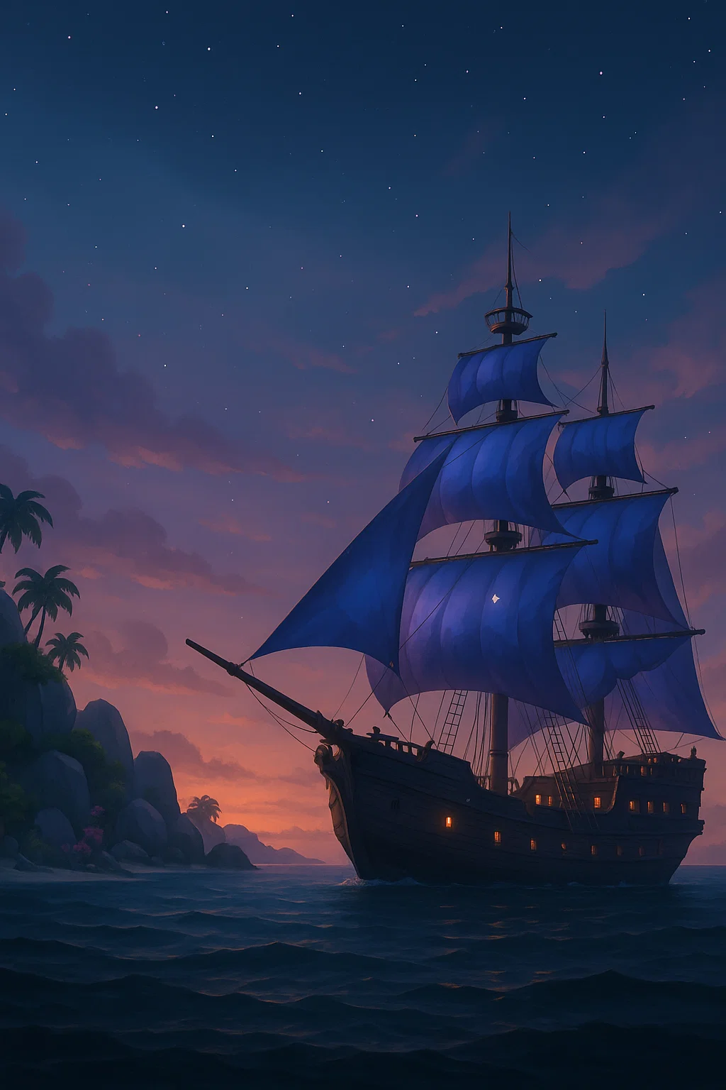 Pirate ship sailing at twilight